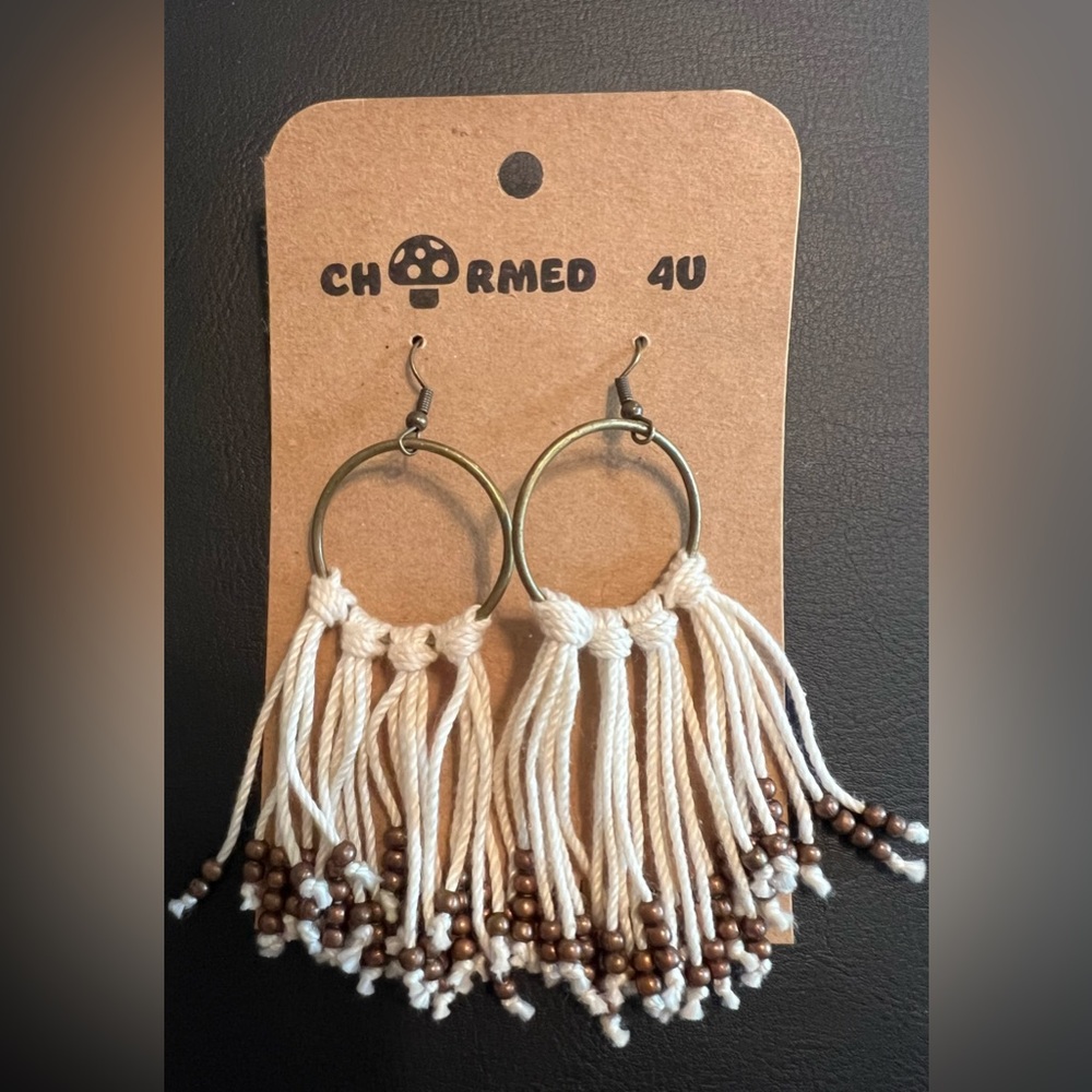Boho earrings; beaded fringe earrings, bronze metal